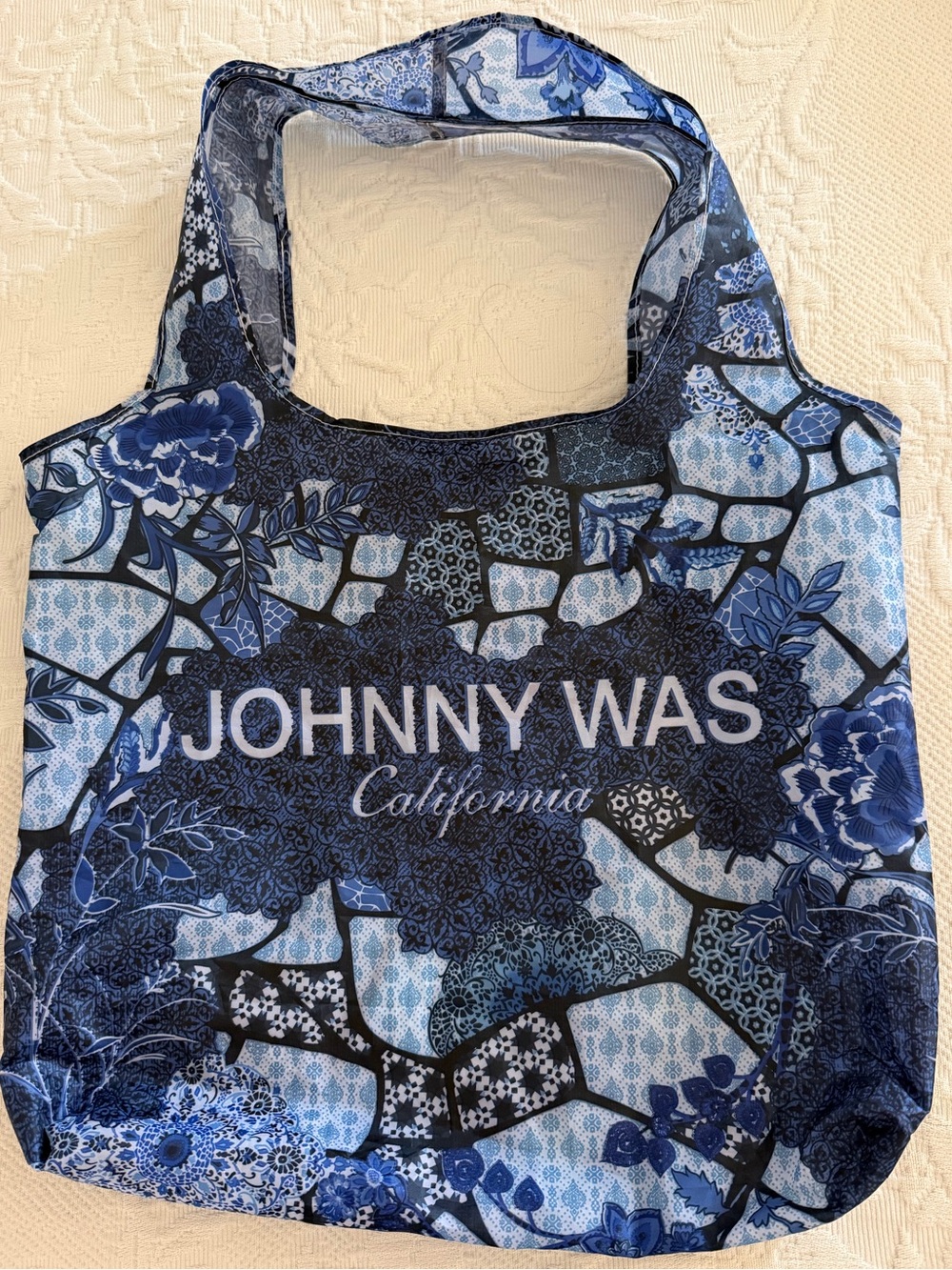 Johnny Was California Blue Patchwork Nylon Packable Reusable Tote Bag